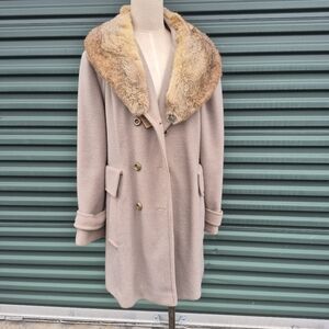 Vintage 70s Beige Wool Princess Coat Real Fur Collar Mod Double Breasted Size